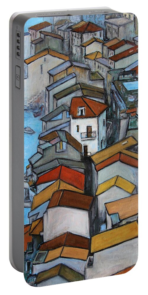 Roofs Portable Battery Charger featuring the painting Boats in front of the Buildings IV by Xueling Zou