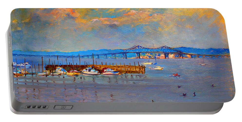 Piermont Ny Portable Battery Charger featuring the painting Boats in Piermont harbor NY by Ylli Haruni