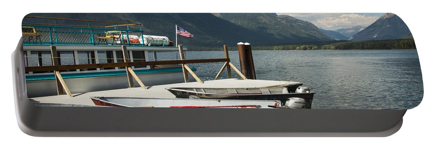 Lake Mcdonald Portable Battery Charger featuring the photograph Boats on Lake McDonald by Nina Prommer