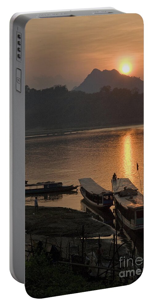 Luang Prabang Laos Asia Sunset River Boats Sunset Portable Battery Charger featuring the photograph Boats On River By Luang Prabang Laos by JM Travel Photography