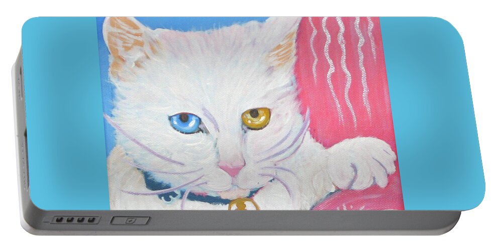 White Kitty Portable Battery Charger featuring the painting Boo Kitty by Phyllis Kaltenbach