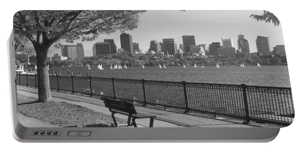 Boston Portable Battery Charger featuring the photograph Boston Charles River black and white by John Burk