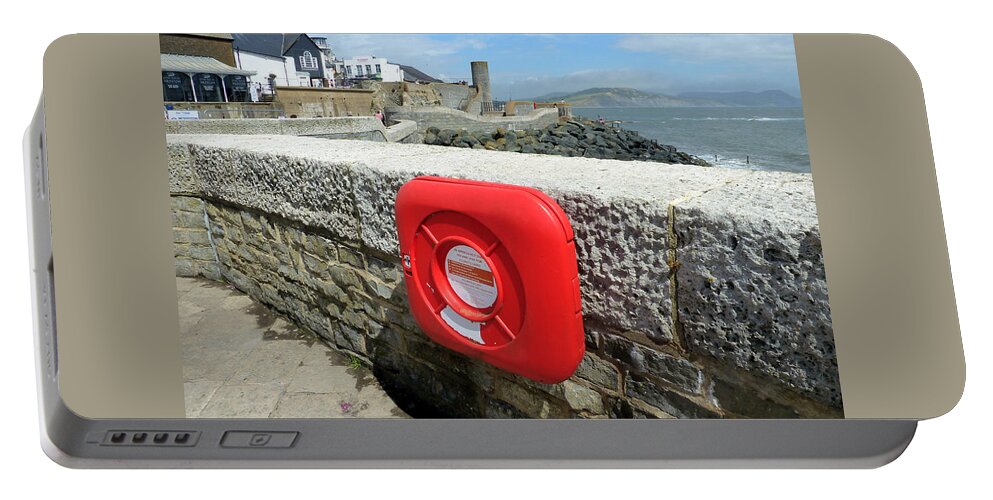 Bouy Portable Battery Charger featuring the photograph Bouy on Lyme Regis Sea Wall by Gordon James