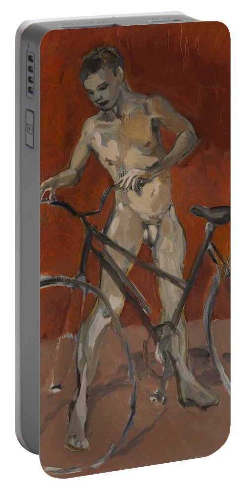 Boy Portable Battery Charger featuring the painting Boy with bicycle red oxide by Peregrine Roskilly