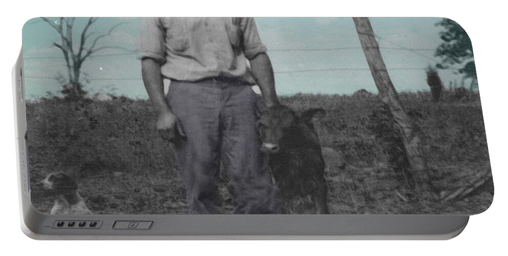 Vintage Photo Portable Battery Charger featuring the digital art Boy with Calf by Cathy Anderson