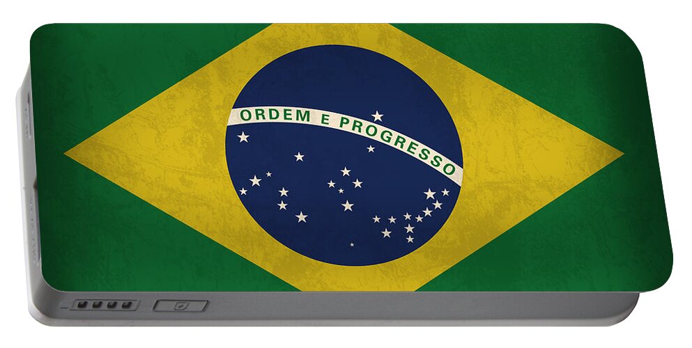 Brazil Flag Portable Battery Charger featuring the mixed media Brazil Flag Vintage Distressed Finish by Design Turnpike