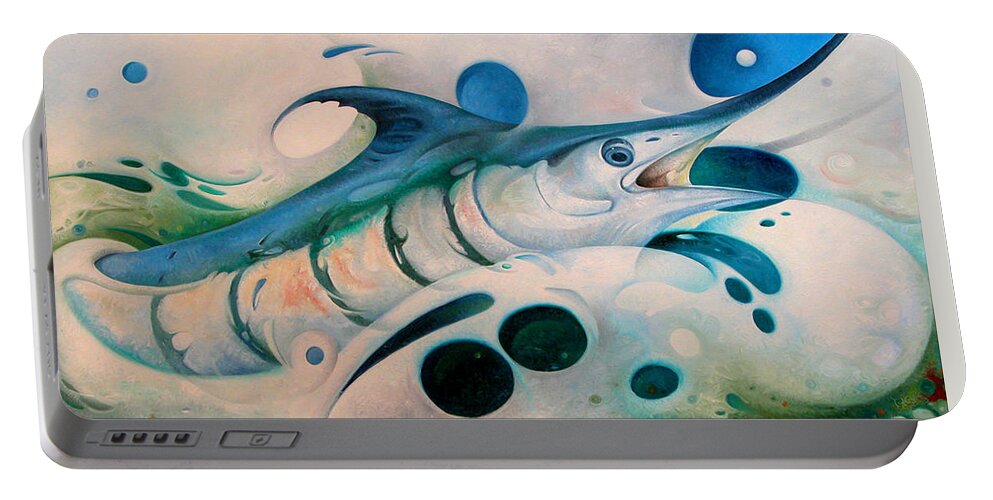 Blue Marlin Portable Battery Charger featuring the painting Breaking the Surface Two O Clock by T S Carson
