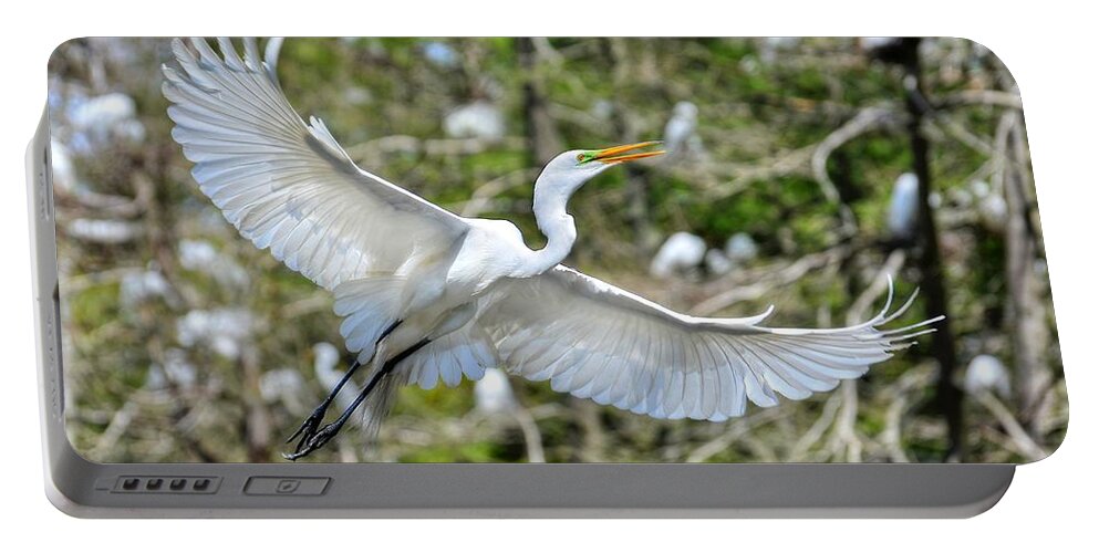 Egret Portable Battery Charger featuring the photograph Breeding Great Egret In Flight by Kathy Baccari