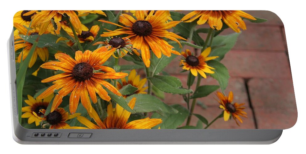 Bricks Portable Battery Charger featuring the photograph Black Eyed Susans on Brick Walk by Valerie Collins