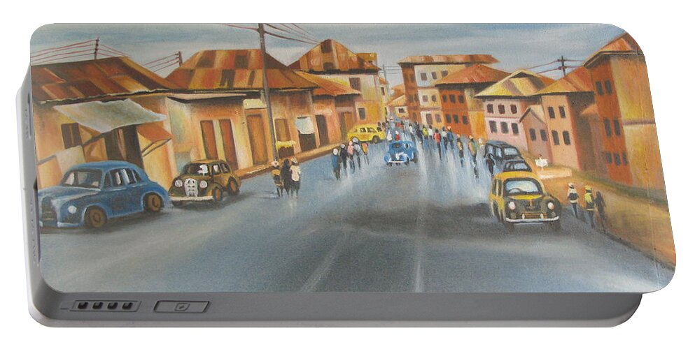 Blue Portable Battery Charger featuring the painting Broad street lagos 1951 by Olaoluwa Smith