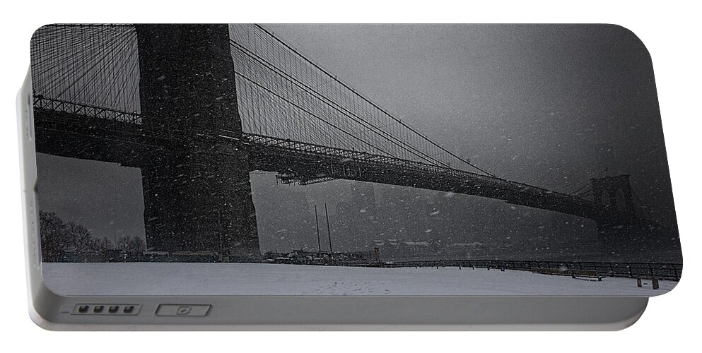 Blizzard Portable Battery Charger featuring the photograph Brooklyn Bridge Blizzard by Chris Lord