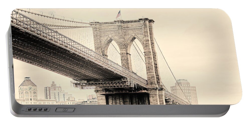 New York City Portable Battery Charger featuring the photograph Brooklyn Bridge in sepia 2 by Lindley Johnson