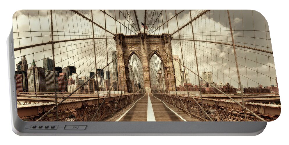 Brooklyn Portable Battery Charger featuring the photograph Brooklyn Bridge (sepia) by Shelley Lake