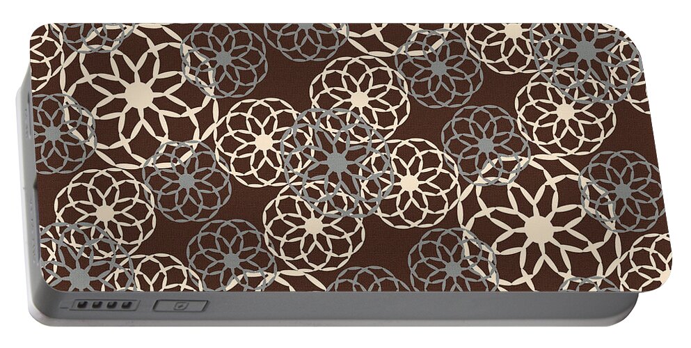 Brown Portable Battery Charger featuring the mixed media Brown and Silver Floral Pattern by Christina Rollo