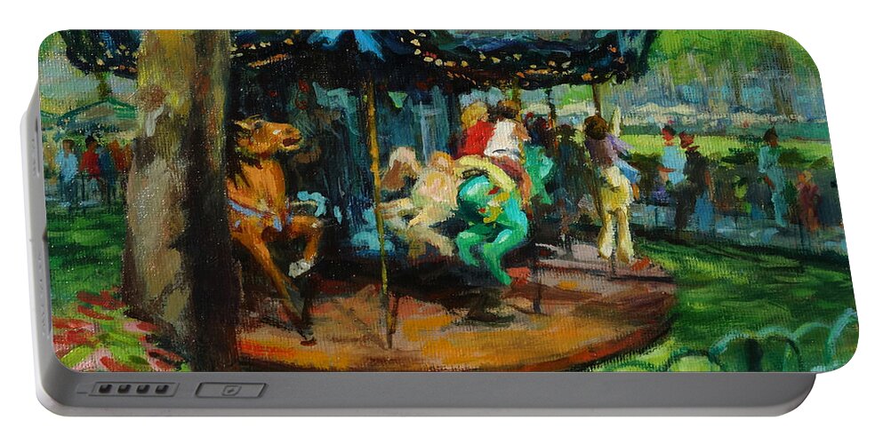 Landscape Portable Battery Charger featuring the painting Bryant Park - The Carousel by Peter Salwen