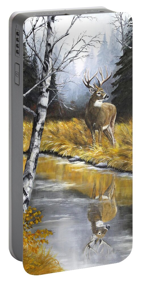 North American Wildlife Buck Portable Battery Charger featuring the painting Buck Reflection by Johanna Lerwick