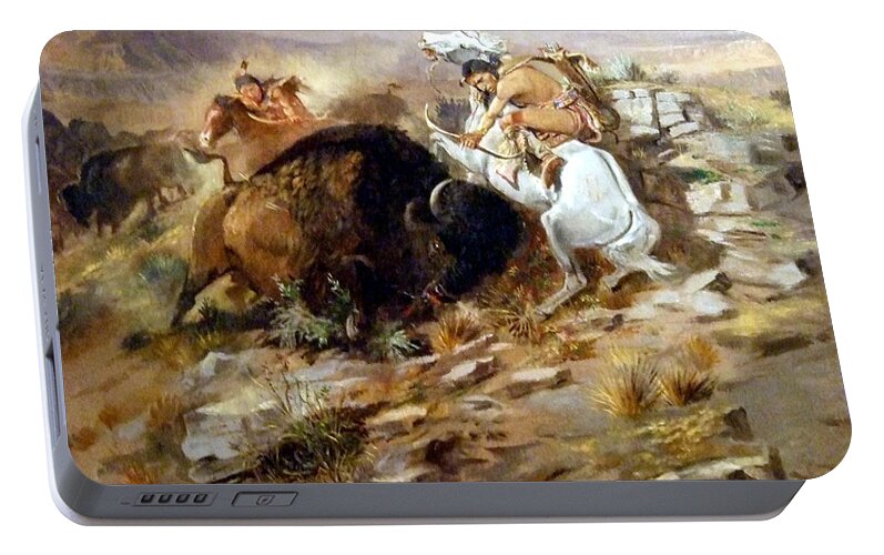 Buffalo Hunt Portable Battery Charger featuring the digital art Buffalo Hunt by Charles Russell