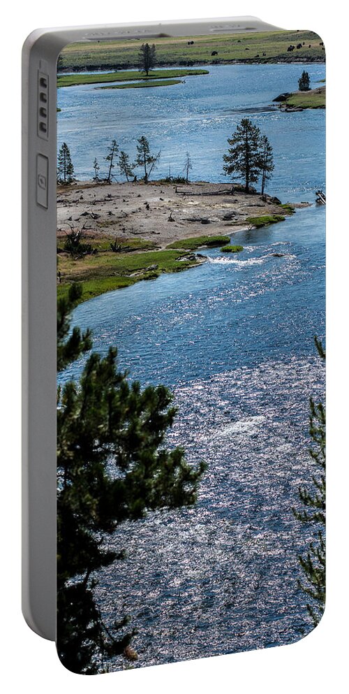 Yellowstone Buffalo River Portable Battery Charger featuring the photograph Buffs on River by Randall Branham