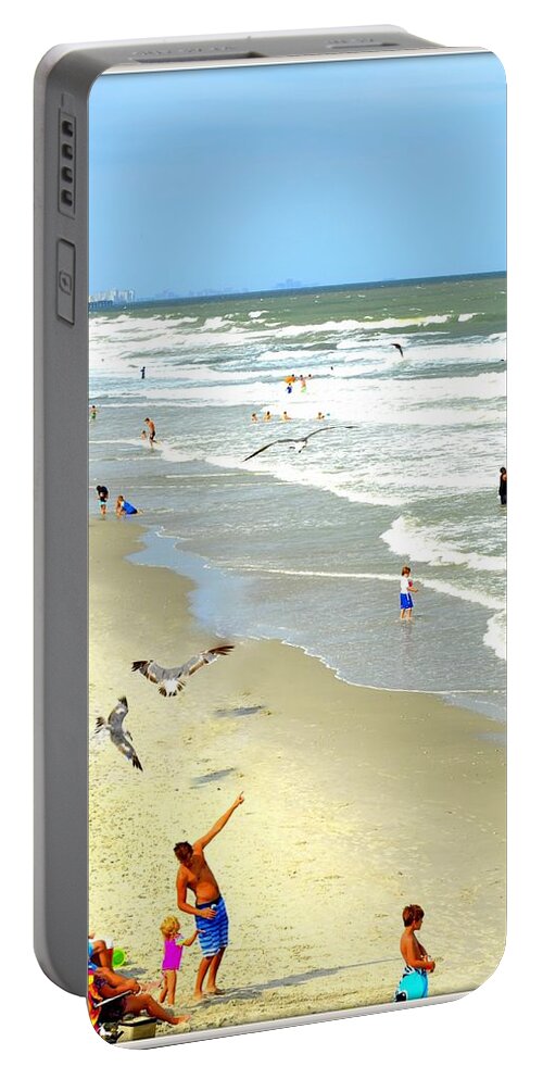 Beach Portable Battery Charger featuring the photograph But Daddy Why Cant I Feed The Birds by Kathy Barney