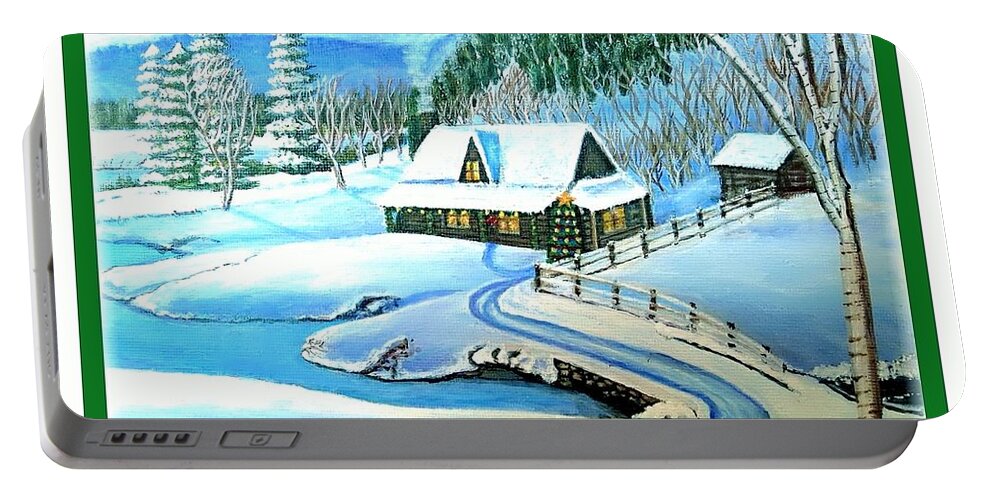 Winter Scene Cabin Mountain Home Nestled Below A Mountain Covered With Evergreen Deciduous Trees Frozen Pond In Front Of Home Decorated Christmas Tree Front Porch Tall Deciduous Birch Tree In The Front With Cardinal Female Eying A Male Cardinal In A Nearby Tree Evergreens And Deciduous In The Back On The Hillside Or Mountain Purple Blue Mountains In Background With Mist Sun Coming Out Romantic Winter Scene Paintings Acrylic Paintings Portable Battery Charger featuring the painting Cabin Fever at Christmastime by Kimberlee Baxter