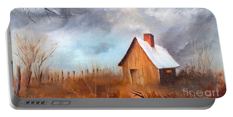Cabin With Fence Portable Battery Charger featuring the painting Cabin with Fence by Teresa Ascone