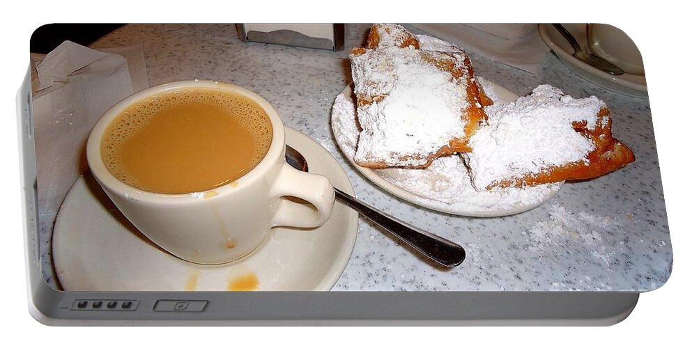 Cafe Au Lait Portable Battery Charger featuring the photograph Cafe Au Lait and Bingnets at Cafe Dumonde by Saundra Myles