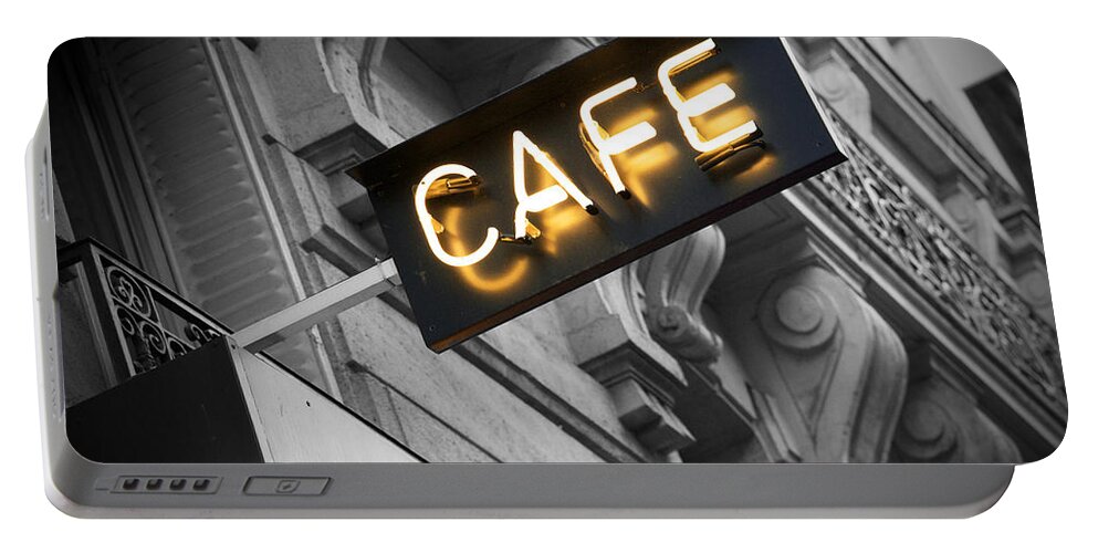 Cafe Portable Battery Charger featuring the photograph Cafe sign by Chevy Fleet