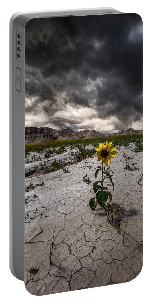 #badlands #badlands National Park #south Dakota #storm #storm Clouds #stormy #thunderstorm #wall #beauty #clouds #crack #cracked Ground #cracks #dangerous #earth #flower #ground #nature #rock Formations #rugged Terrain #severe #sky #weather #weed #yellow Portable Battery Charger featuring the photograph Calm Before The Storm by Aaron J Groen