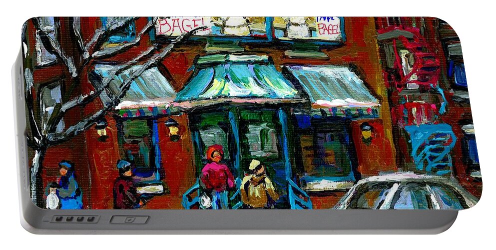 Montreal Portable Battery Charger featuring the painting Canadian Urban Winter City Scenes Paintings Fairmount Bagel Shop Montreal Art Carole Spandau by Carole Spandau