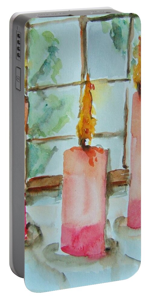 Candles Portable Battery Charger featuring the painting Candles in the Wind-ow by Elaine Duras