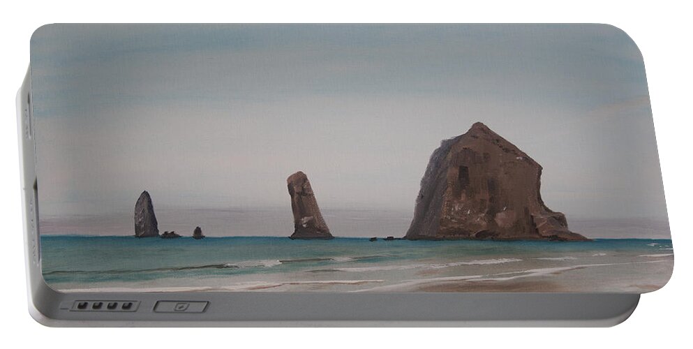  Surf Portable Battery Charger featuring the painting Cannon Beach Haystack Rock by Ian Donley