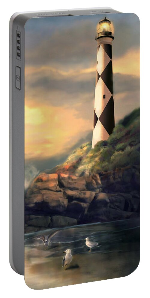  Coastal Portable Battery Charger featuring the painting Dwindling light Cape Lookout Lighthouse North Carolina at Sunset by Regina Femrite