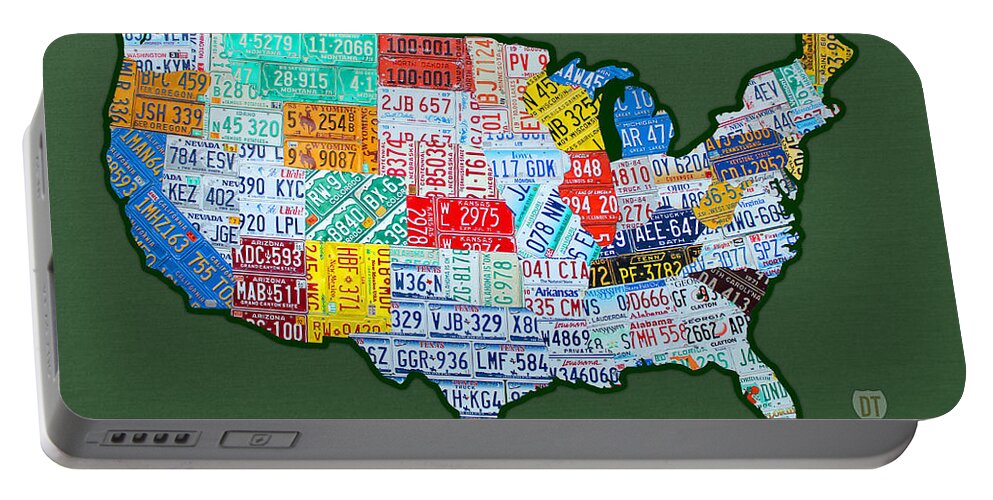 Car Tag Number Plate Art Usa On Green License Plate Map Portable Battery Charger featuring the mixed media Car Tag Number Plate Art USA on Green by Design Turnpike