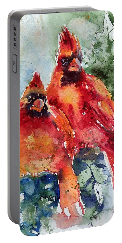 Cardinal Portable Battery Charger featuring the painting Cardinal birds by Kovacs Anna Brigitta