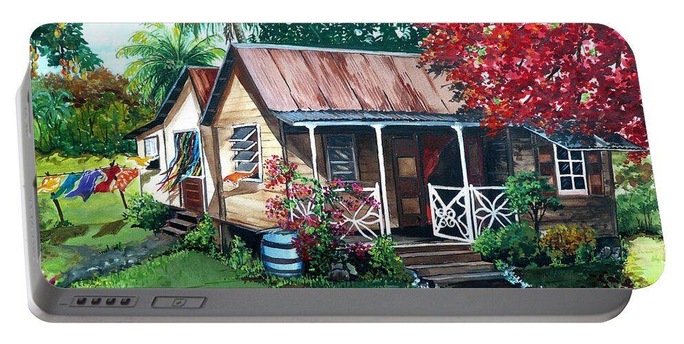 House Painting Caribbean Painting Tropical Painting West Indian Painting Old House Painting Flamboyant Tree Painting Poinciana Painting Red Painting Mango Tree Painting Watercolor Painting Greeting Card Painting Portable Battery Charger featuring the painting Caribbean Life by Karin Dawn Kelshall- Best
