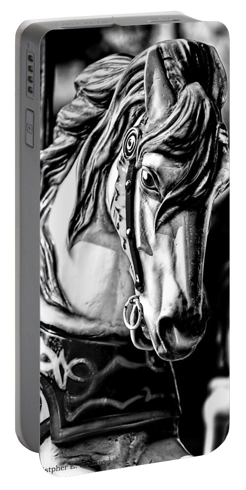 Christopher Holmes Photography Portable Battery Charger featuring the photograph Carousel Horse Two - BW by Christopher Holmes
