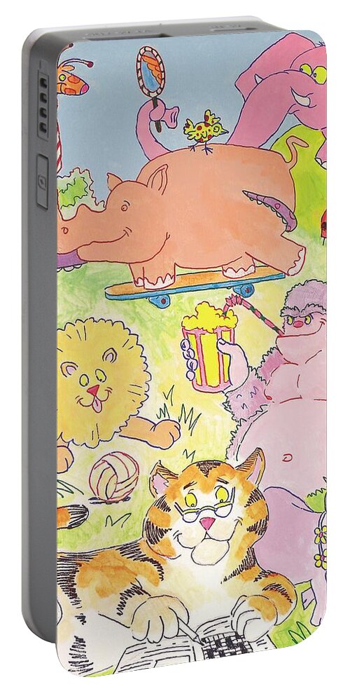 Giraffe Portable Battery Charger featuring the painting Cartoon Animals by Mike Jory