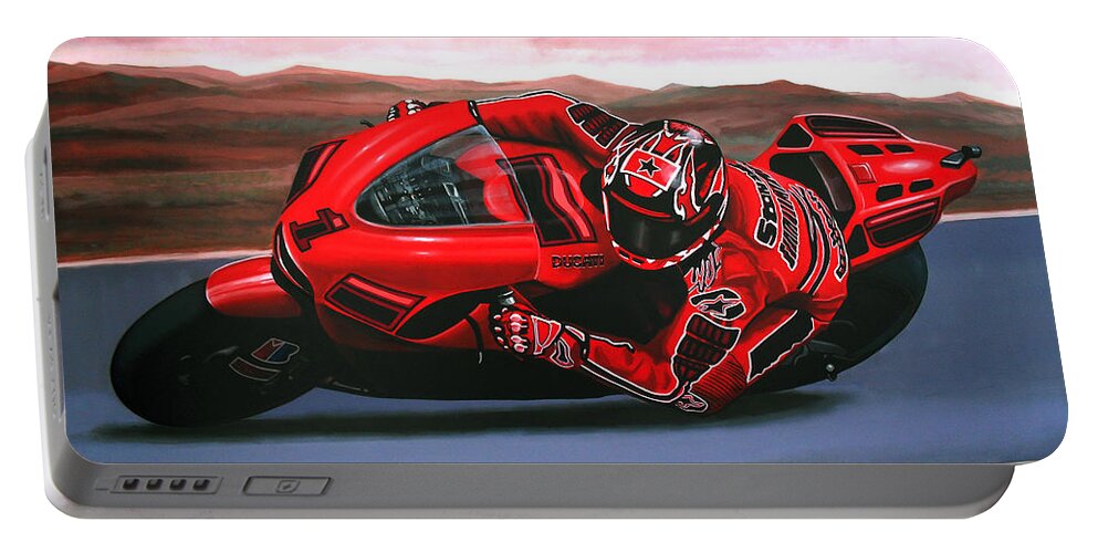 Casey Stoner On Ducati Portable Battery Charger featuring the painting Casey Stoner on Ducati by Paul Meijering