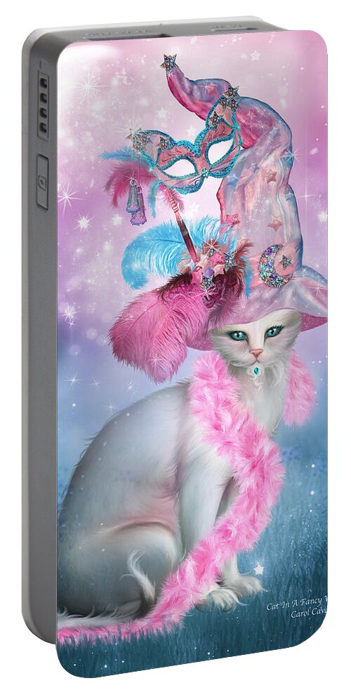 Cat Portable Battery Charger featuring the mixed media Cat In Fancy Witch Hat 4 by Carol Cavalaris