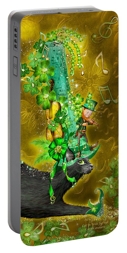 Cat Portable Battery Charger featuring the mixed media Cat In Irish Jig Hat by Carol Cavalaris