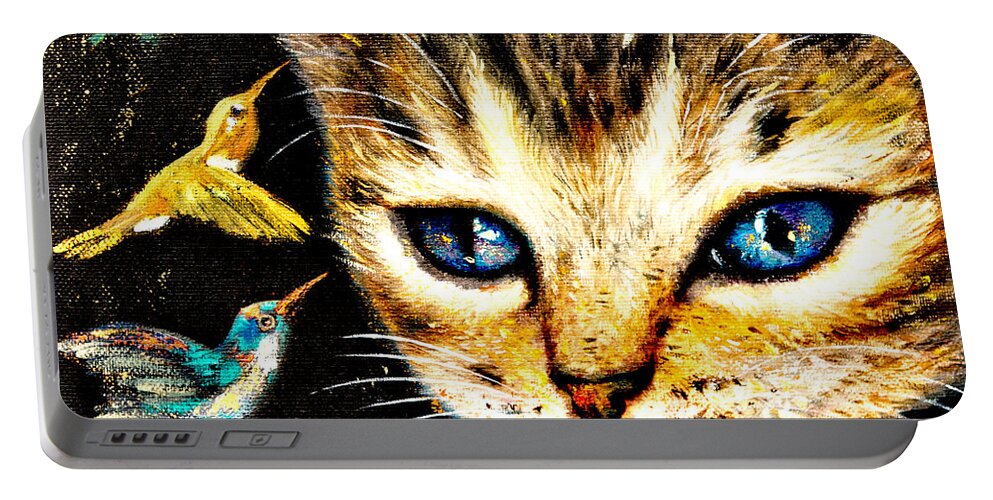 Cat Portable Battery Charger featuring the painting Cat with Hummingbirds by Shijun Munns