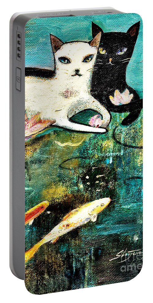 Black Cat Portable Battery Charger featuring the painting Cats with koi by Shijun Munns