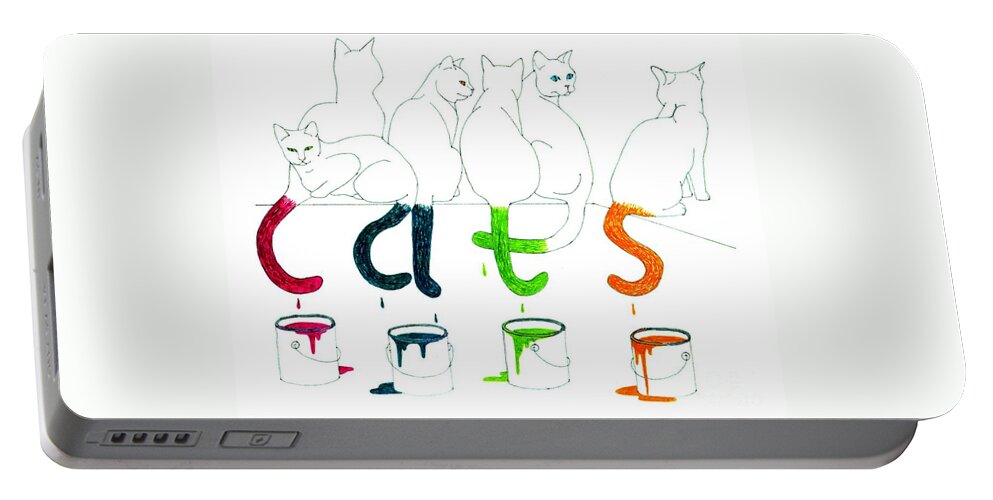 Cat Portable Battery Charger featuring the drawing Cats with Paint Cans by Patricia Overmoyer