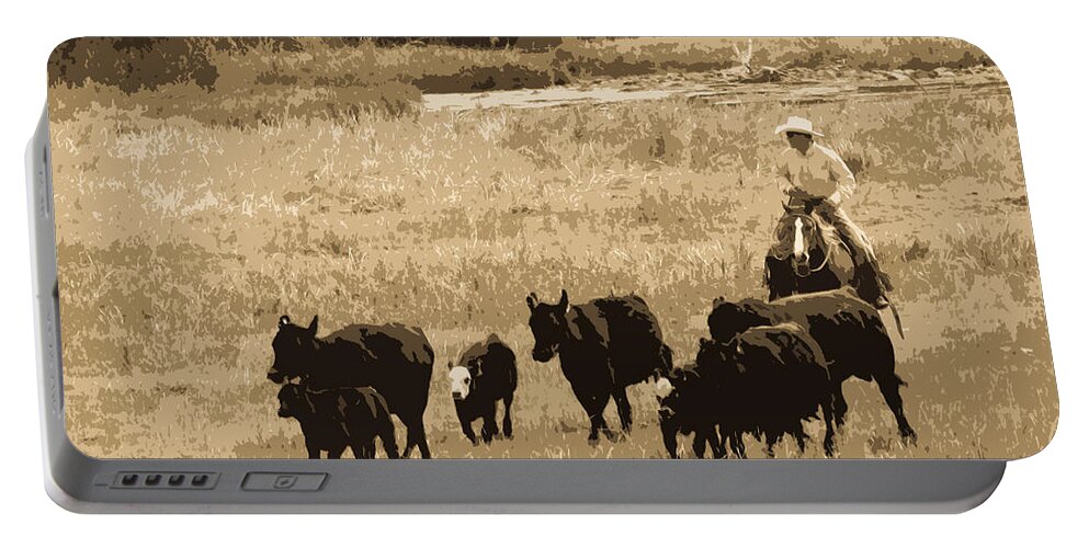 Cowboy Portable Battery Charger featuring the photograph Cattle Round Up Sepia by Athena Mckinzie