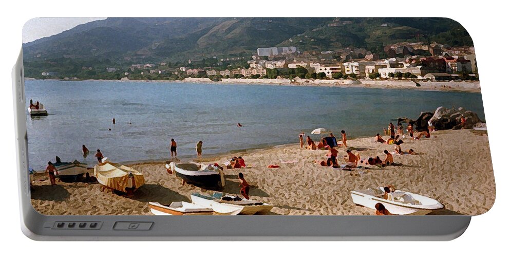 Cefalu Portable Battery Charger featuring the digital art Cefalu Beach 1 by John Vincent Palozzi