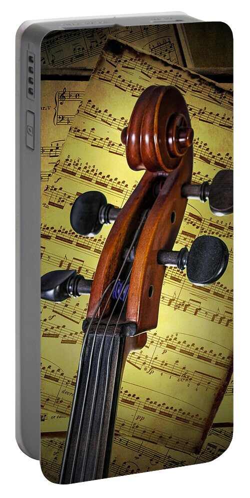 Cello Portable Battery Charger featuring the photograph Cello Scroll with Sheet Music by Randall Nyhof