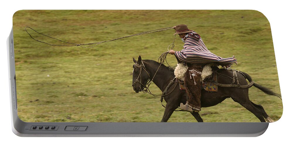 Feb0514 Portable Battery Charger featuring the photograph Chagra Riding His Horse In The Andes by Pete Oxford