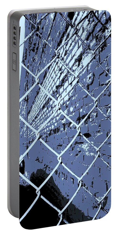 Detroit Portable Battery Charger featuring the photograph Chainlink and A Wall in blue by Daniel Thompson