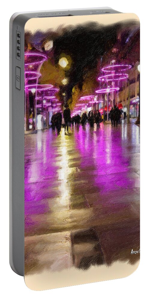 Paris Portable Battery Charger featuring the painting Champs Elysees in Pink by Angela Stanton