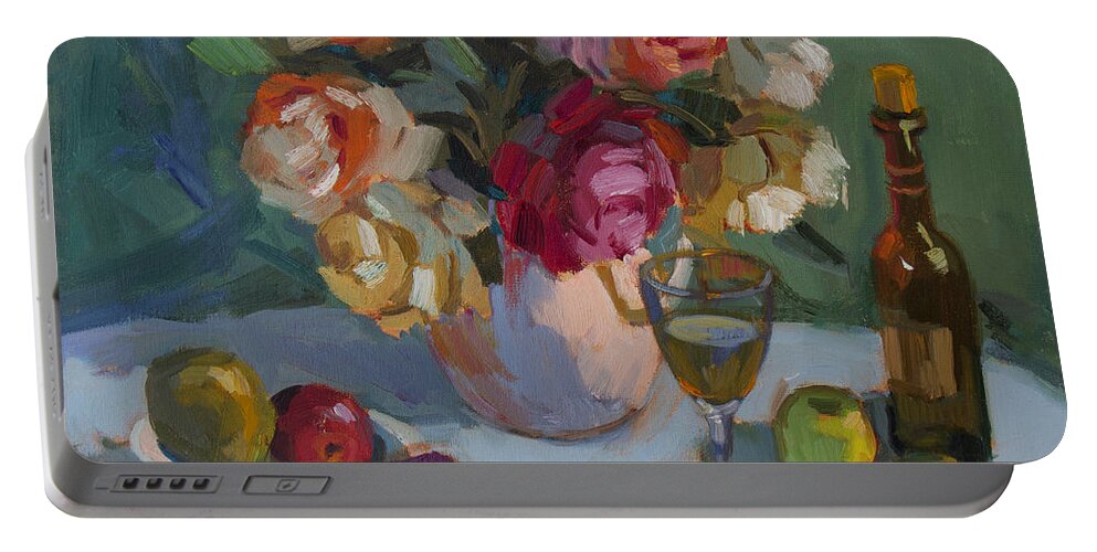 Roses Portable Battery Charger featuring the painting Chardonnay and Roses by Diane McClary